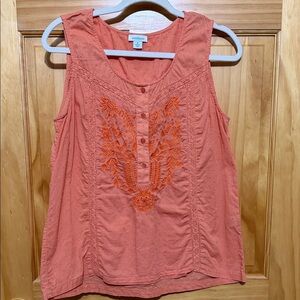Sundance Coral Peach Embroidered Button-Front Sleeveless Boho Top, Size Medium.